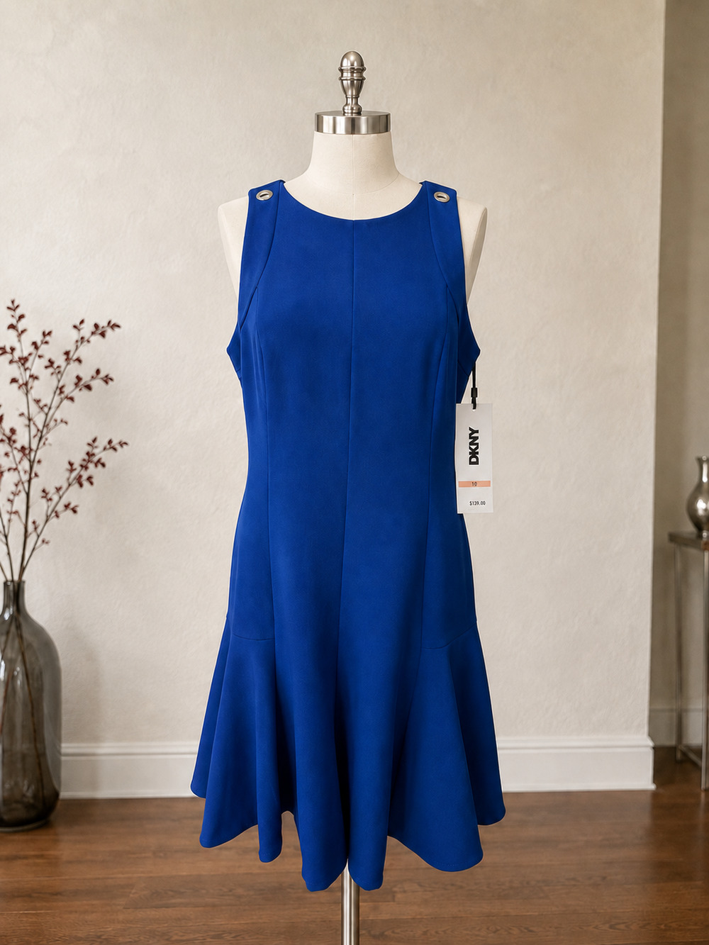 DKNY Women’s 10 Coastal Blue Fit Flare Dress Grommet Shoulder NWT